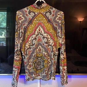 Dolman sleeve ethnic pattern top with mock/high neck